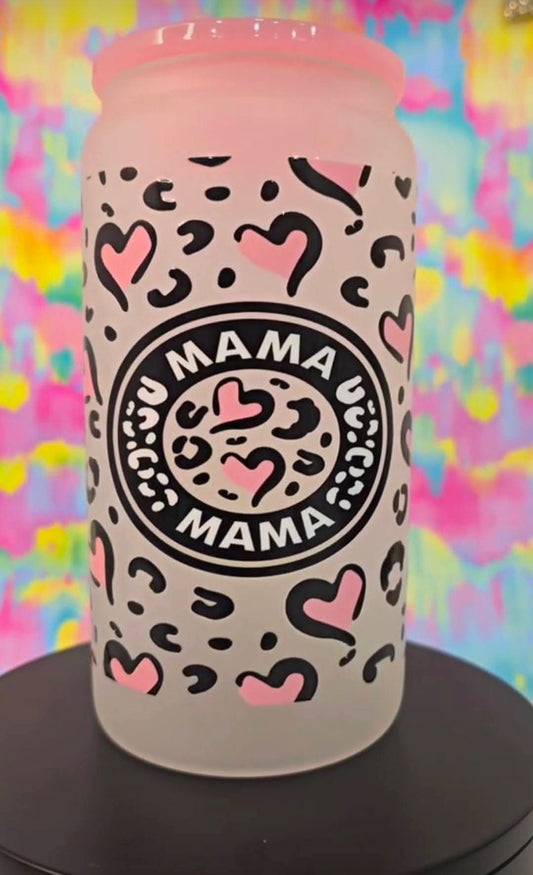 16 Oz Frosted Pink and Black Mama Animal Print