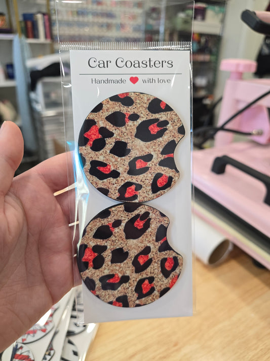 Red Animal Print Car Coasters